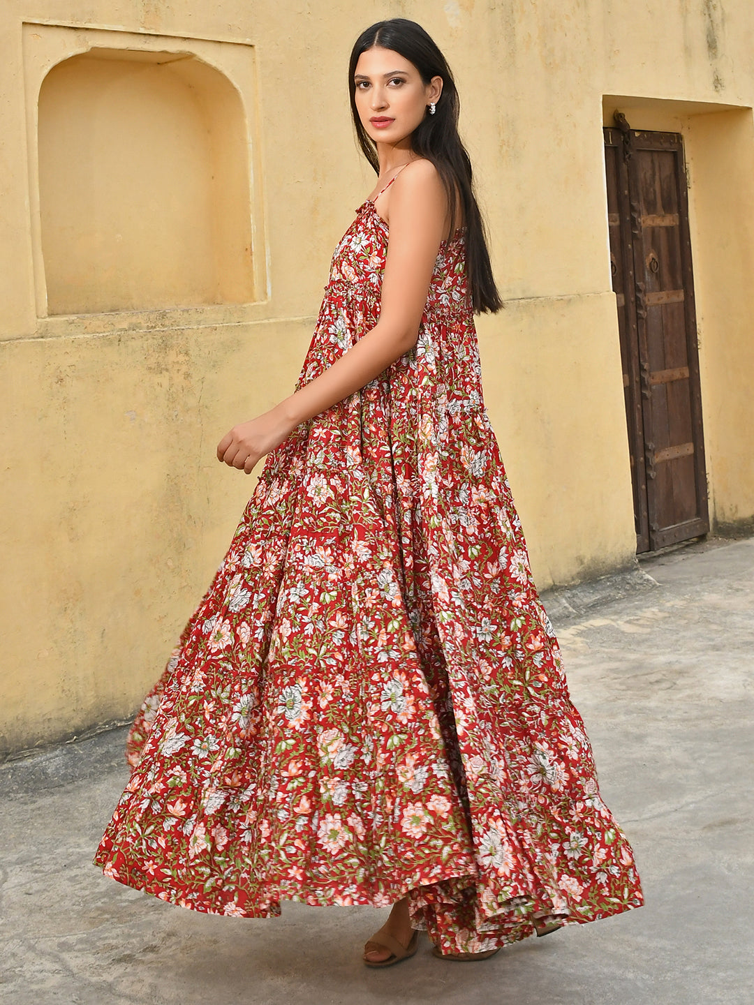 Janasya Women's Red Cotton Floral Print Tiered Western Dress