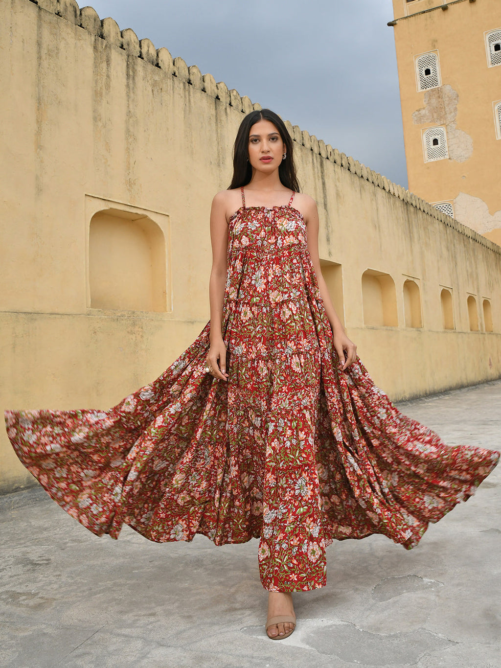 Janasya Women's Red Cotton Floral Print Tiered Western Dress