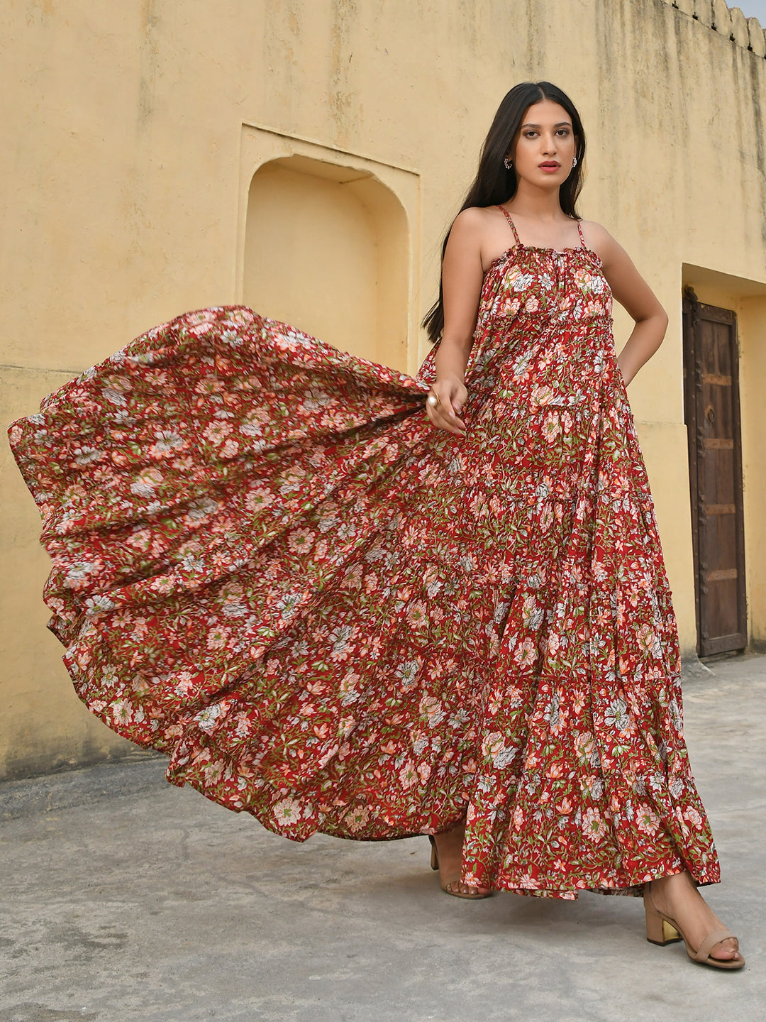 Janasya Women's Red Cotton Floral Print Tiered Western Dress