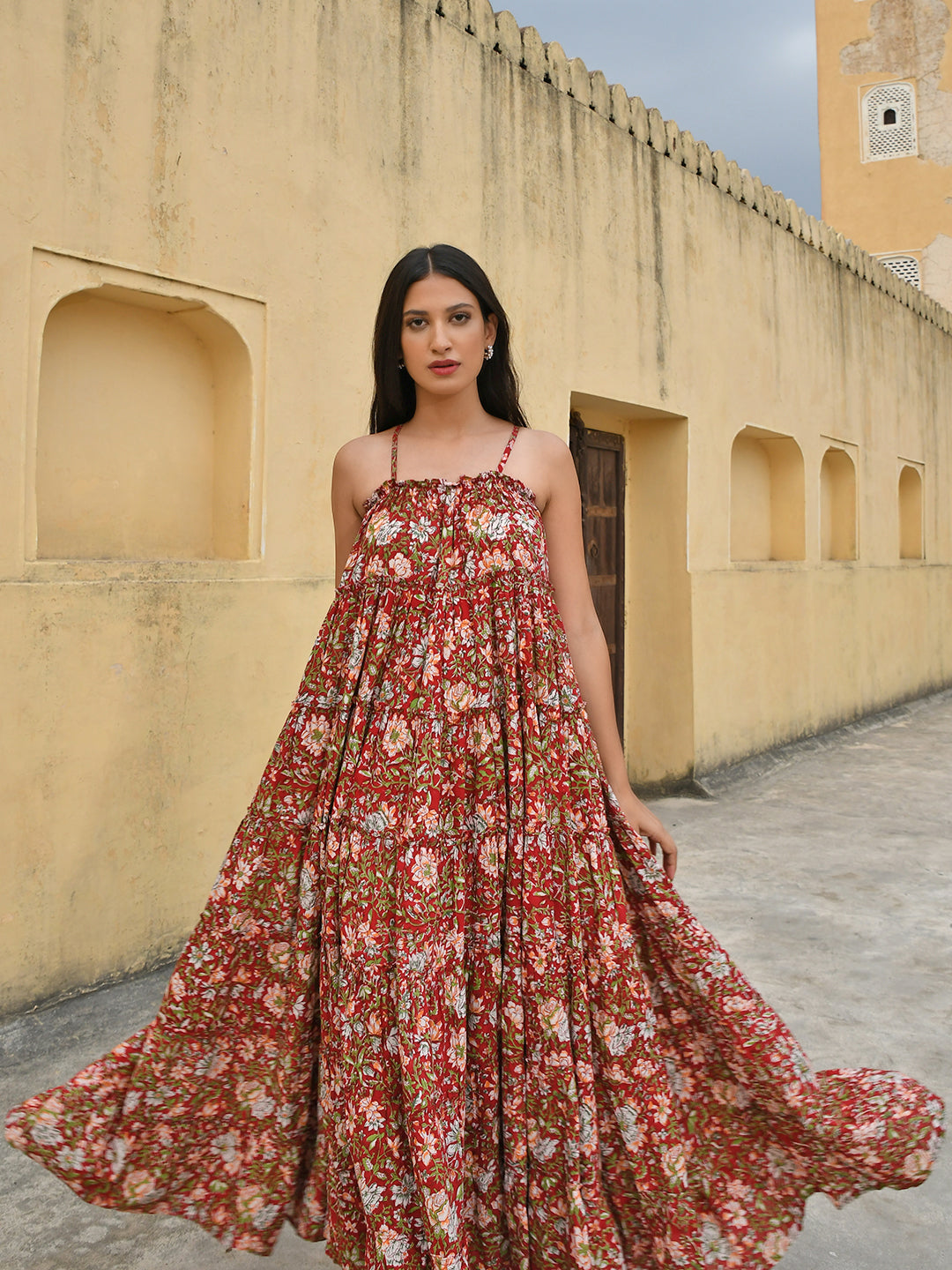 Janasya Women's Red Cotton Floral Print Tiered Western Dress