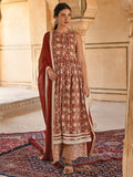 Janasya Women's Rust Cotton Floral Print Kurta With Palazzo And Dupatta
