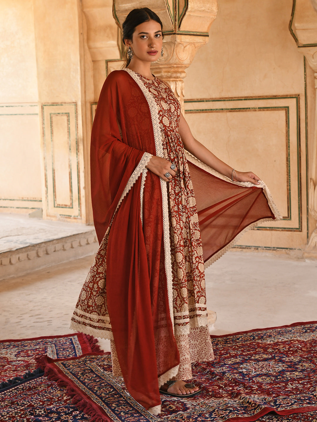 Janasya Women's Rust Cotton Floral Print Kurta With Palazzo And Dupatta