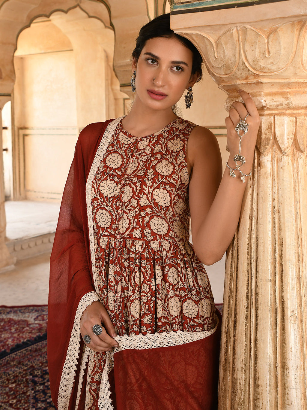 Janasya Women's Rust Cotton Floral Print Kurta With Palazzo And Dupatta