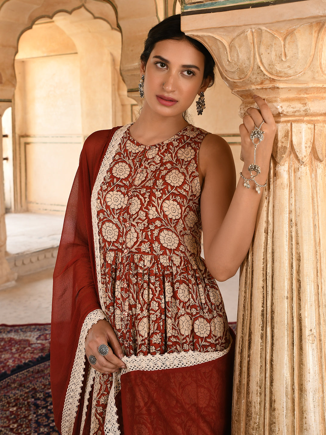 Janasya Women's Rust Cotton Floral Print Kurta With Palazzo And Dupatta