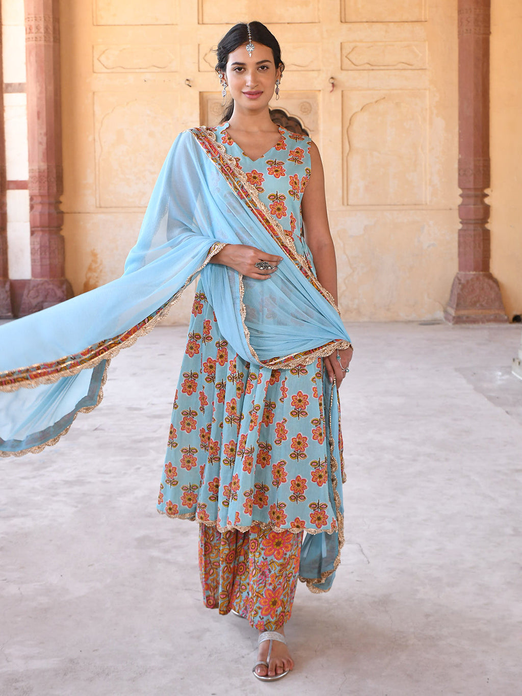 Janasya Women's Mint Blue Cotton Floral Print Kurta With Palazzo And Dupatta