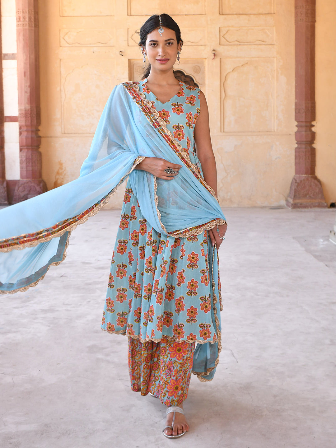 Janasya Women's Mint Blue Cotton Floral Print Kurta With Palazzo And Dupatta