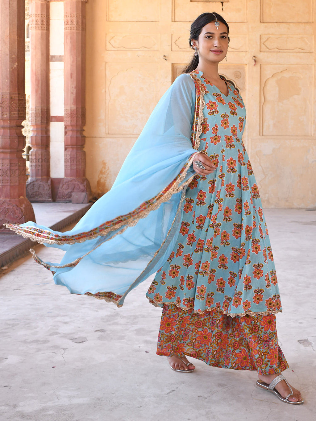 Janasya Women's Mint Blue Cotton Floral Print Kurta With Palazzo And Dupatta