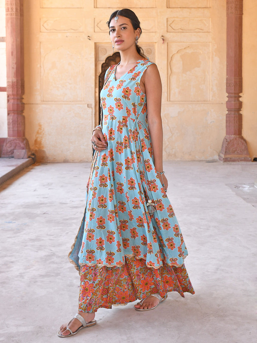 Janasya Women's Mint Blue Cotton Floral Print Kurta With Palazzo And Dupatta