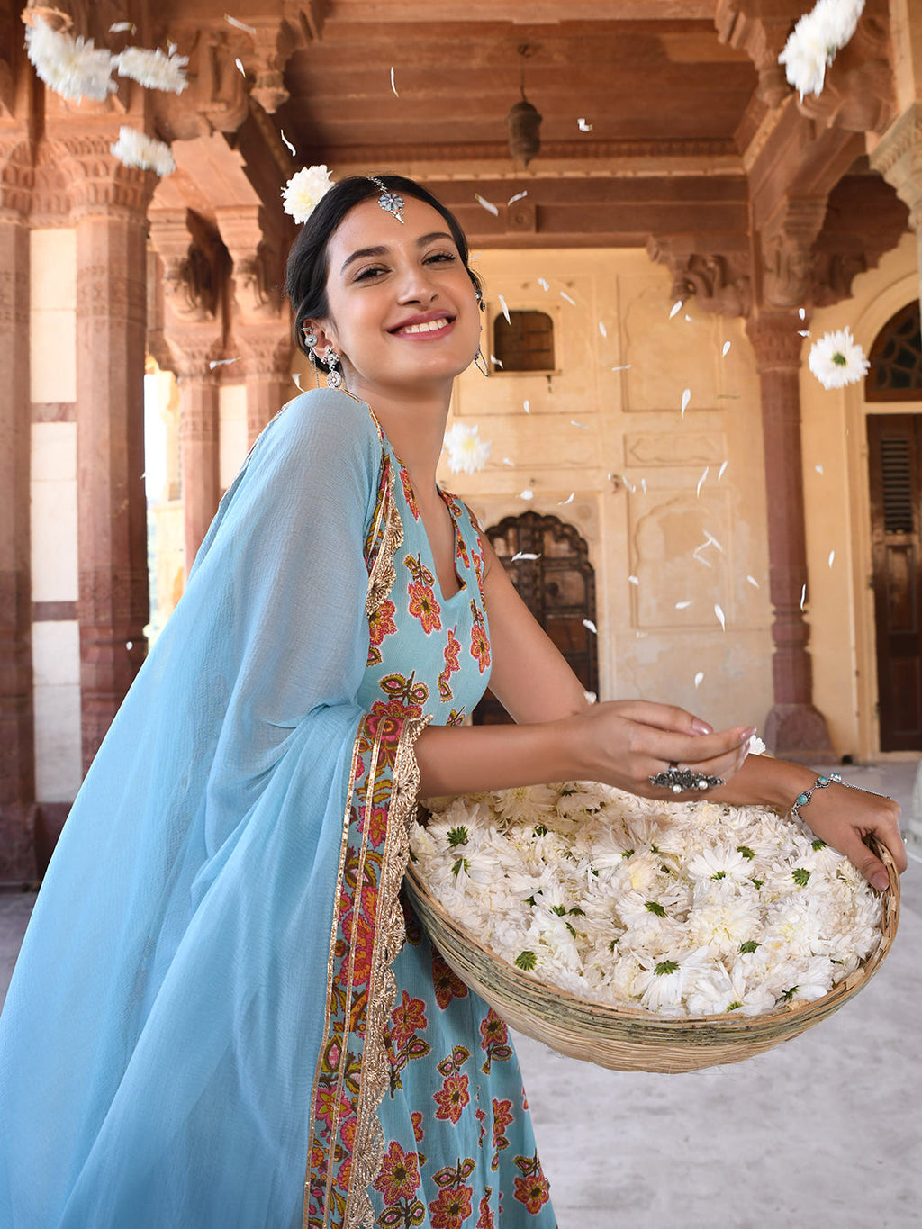 Janasya Women's Mint Blue Cotton Floral Print Kurta With Palazzo And Dupatta