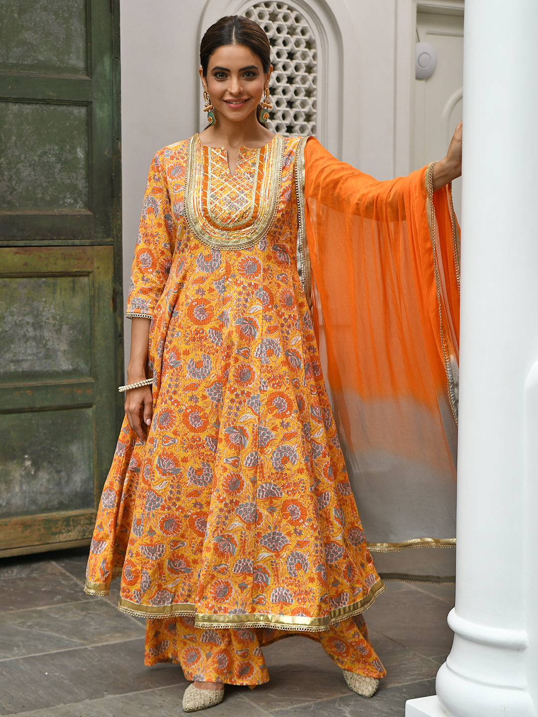 Janasya Women's Mustard Cotton Embroidered Kurta With Palazzo And Dupatta