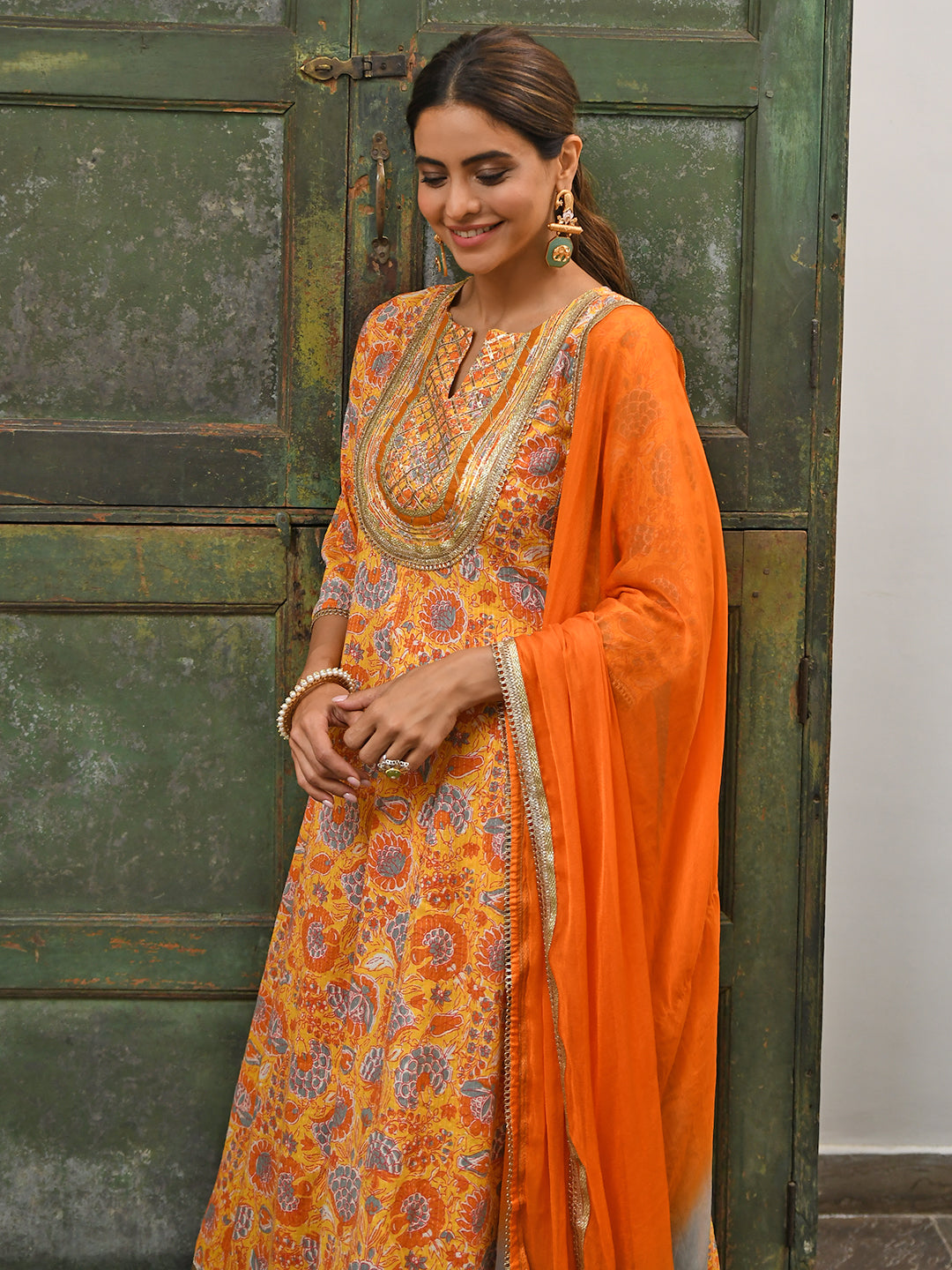 Janasya Women's Mustard Cotton Embroidered Kurta With Palazzo And Dupatta
