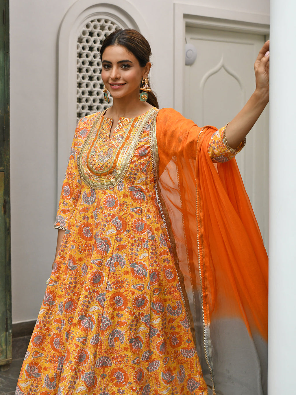 Janasya Women's Mustard Cotton Embroidered Kurta With Palazzo And Dupatta