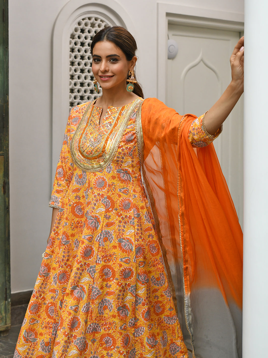 Janasya Women's Mustard Cotton Embroidered Kurta With Palazzo And Dupatta
