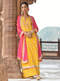 Janasya Women's Yellow Cotton Embroidered Kurta With Palazzo And Dupatta