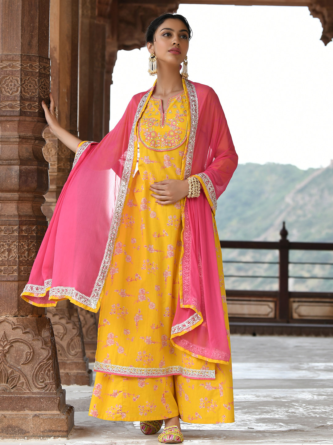 Janasya Women's Yellow Cotton Embroidered Kurta With Palazzo And Dupatta