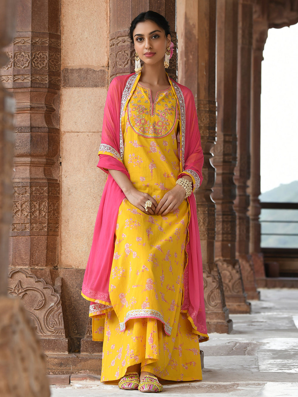 Janasya Women's Yellow Cotton Embroidered Kurta With Palazzo And Dupatta