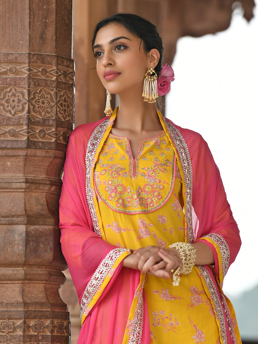 Janasya Women's Yellow Cotton Embroidered Kurta With Palazzo And Dupatta