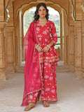 Janasya Women's Pink Cotton Floral Block Print Short Kurta With Sharara And Dupatta