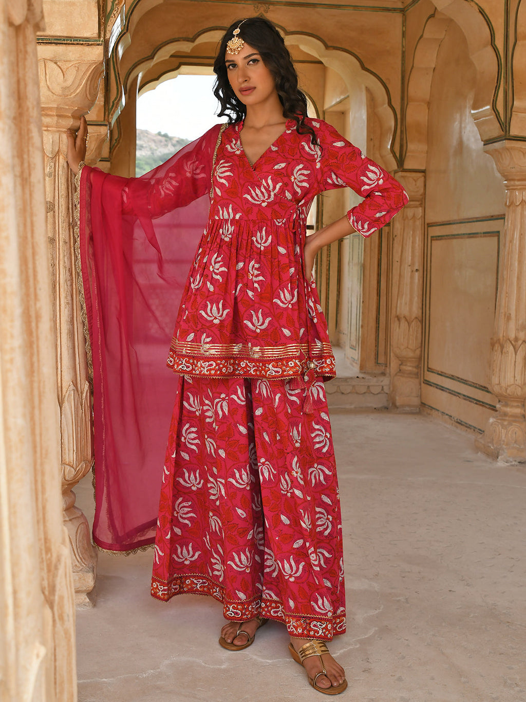 Janasya Women's Pink Cotton Floral Block Print Short Kurta With Sharara And Dupatta