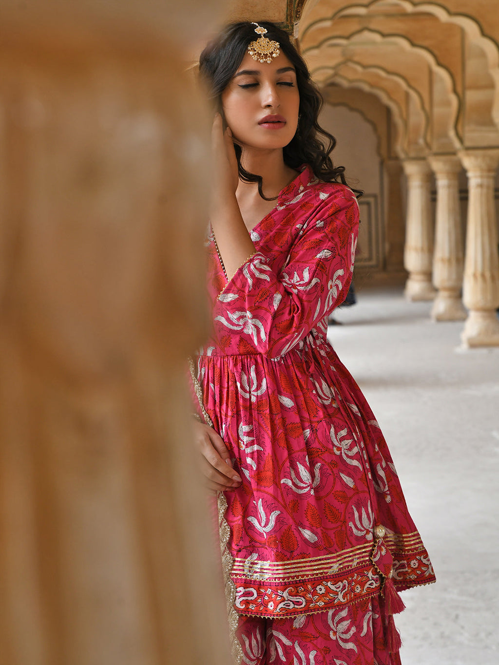 Janasya Women's Pink Cotton Floral Block Print Short Kurta With Sharara And Dupatta