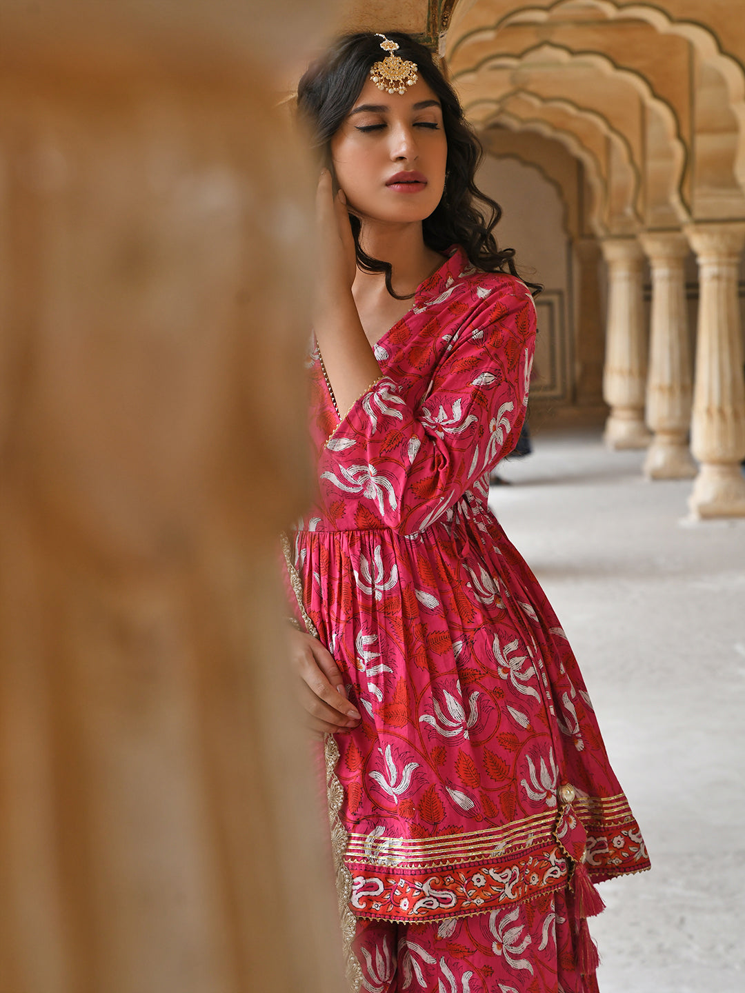 Janasya Women's Pink Cotton Floral Block Print Short Kurta With Sharara And Dupatta
