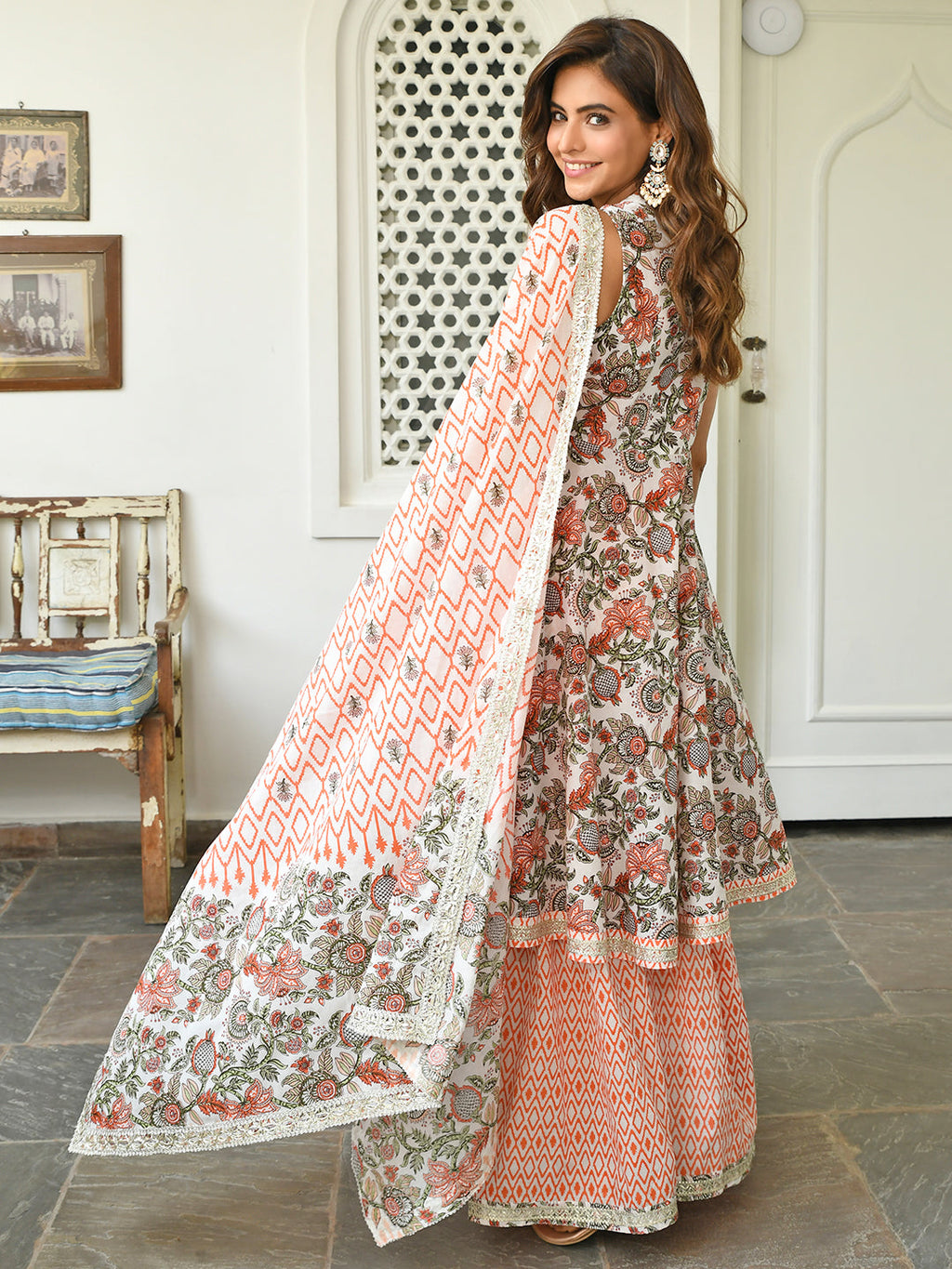 Janasya Women's White Cotton Floral Block Print Kurta With Sharara And Dupatta