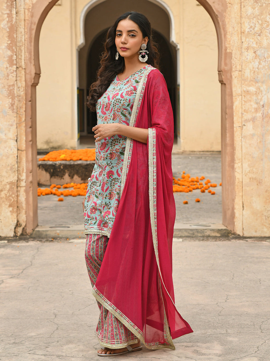 Janasya Women's Sea Green Cotton Floral Block Print Kurta With Palazzo And Dupatta