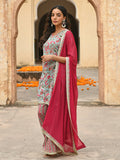 Janasya Women's Sea Green Cotton Floral Block Print Kurta With Palazzo And Dupatta