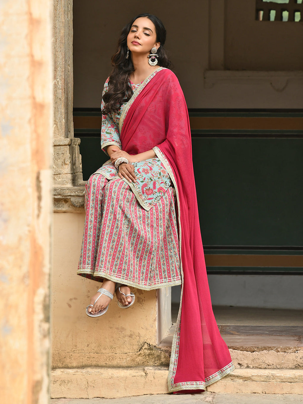 Janasya Women's Sea Green Cotton Floral Block Print Kurta With Palazzo And Dupatta