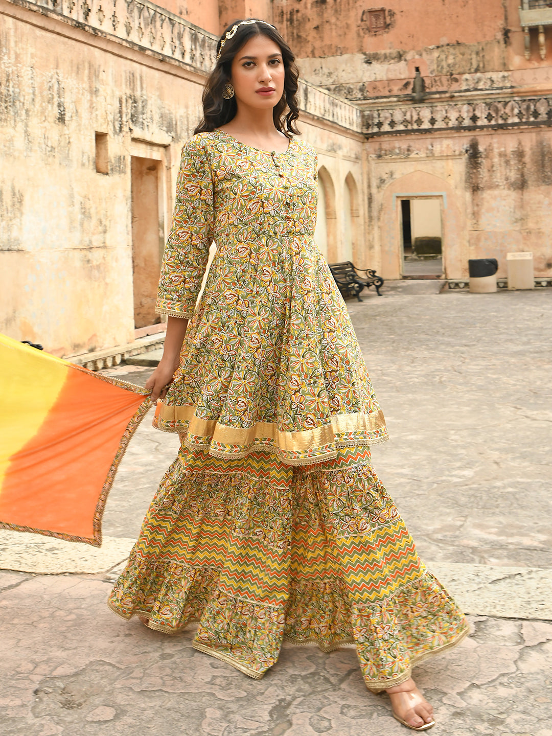 Janasya Women's Light Green Cotton Floral Block Print Kurta With Gharara And Dupatta
