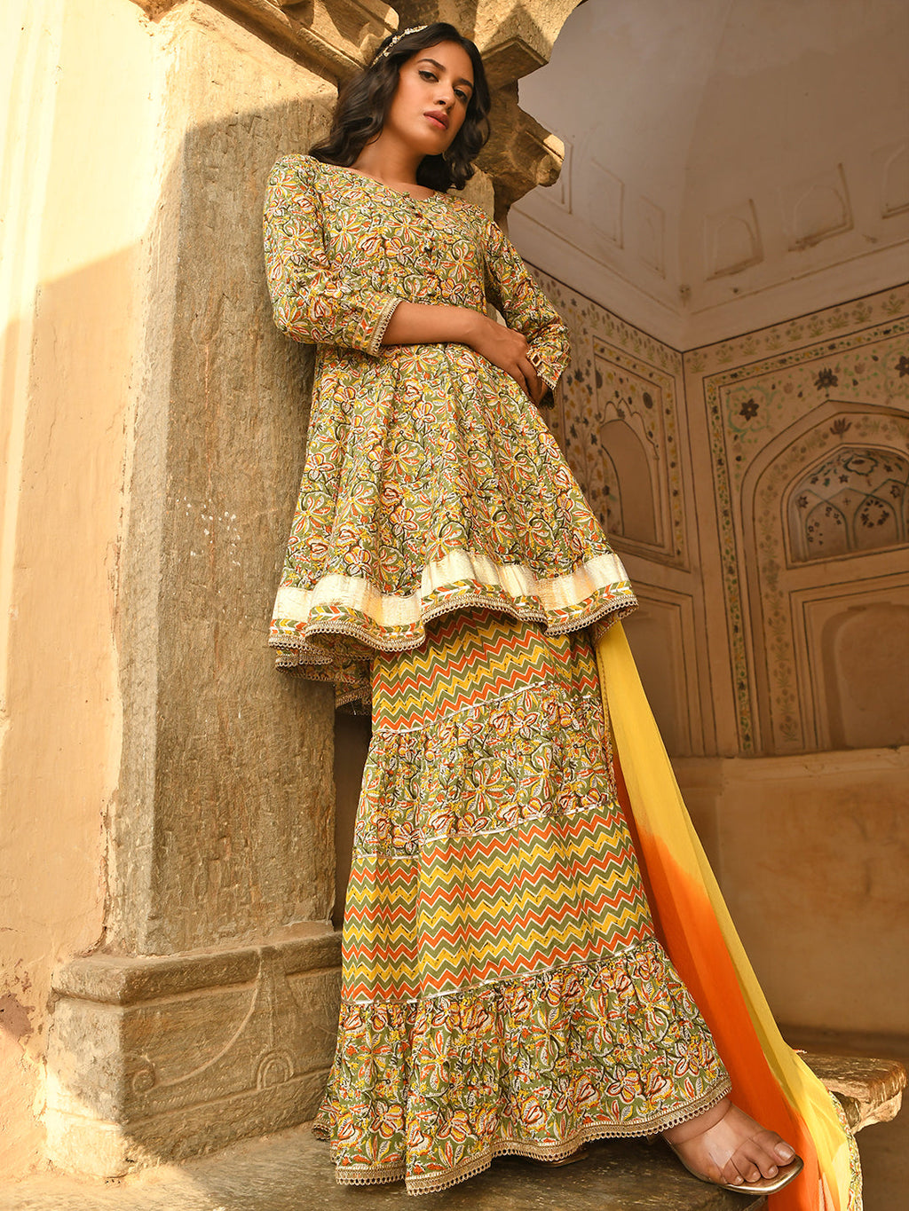 Janasya Women's Light Green Cotton Floral Block Print Kurta With Gharara And Dupatta