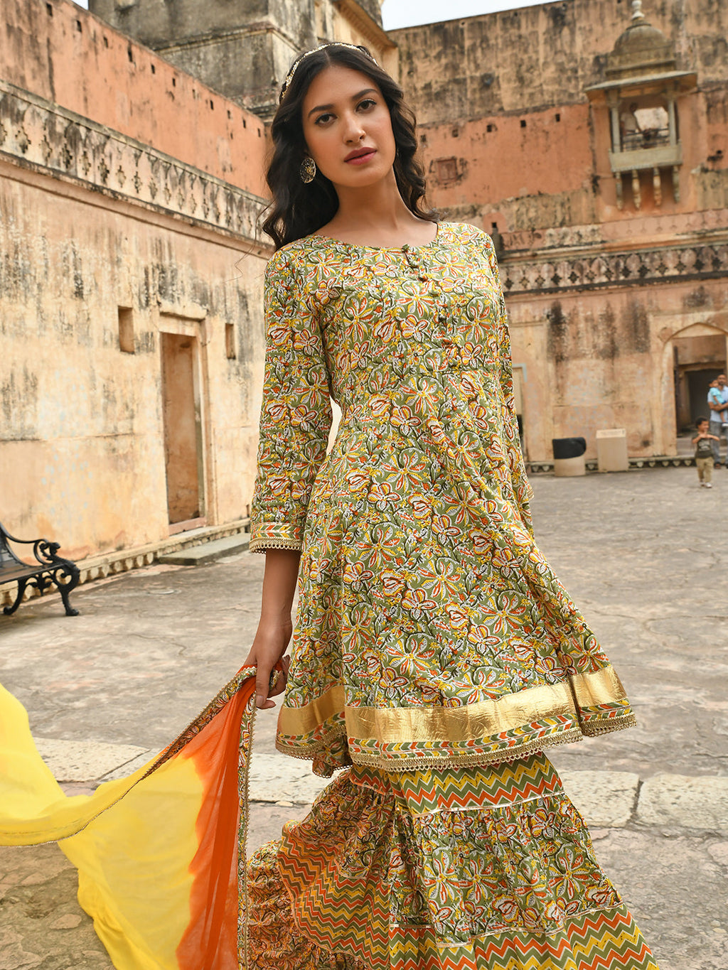 Janasya Women's Light Green Cotton Floral Block Print Kurta With Gharara And Dupatta