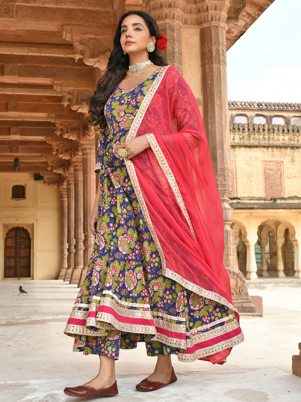 Janasya Women's Blue Cotton Floral Block Print Kurta With Pant And Dupatta