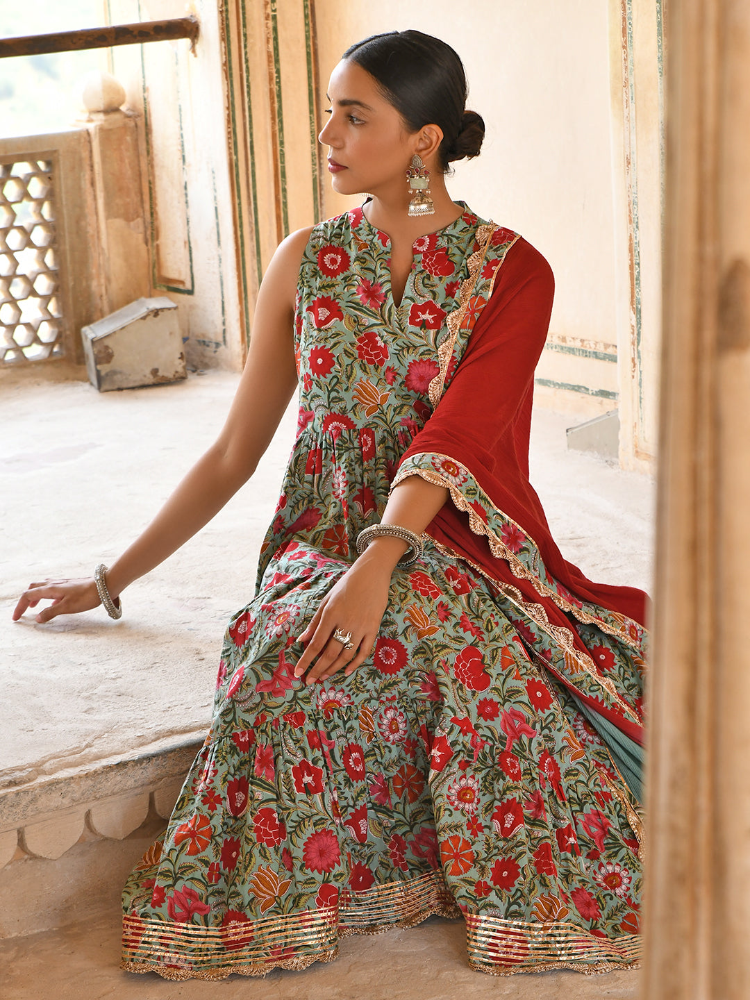 Janasya Women's Sea Green Cotton Floral Block Print Kurta With Pant And Dupatta