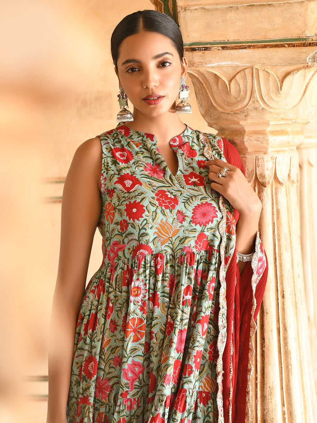 Janasya Women's Sea Green Cotton Floral Block Print Kurta With Pant And Dupatta