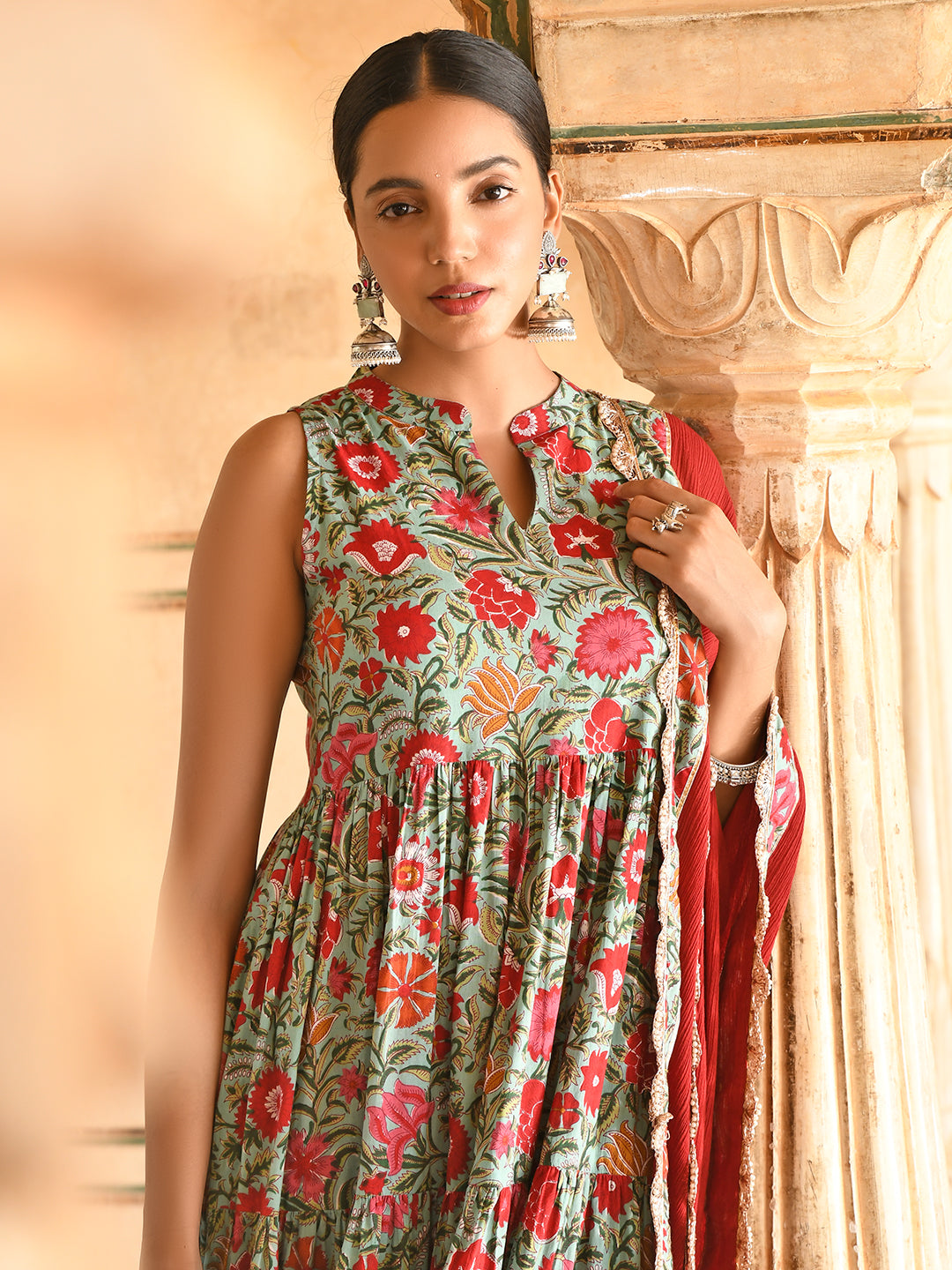 Janasya Women's Sea Green Cotton Floral Block Print Kurta With Pant And Dupatta