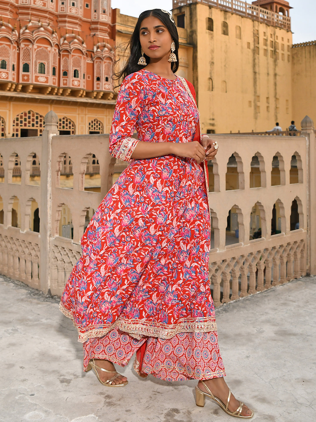 Janasya Women's Red Cotton Floral Block Print Kurta With Flared Palazzo And Dupatta