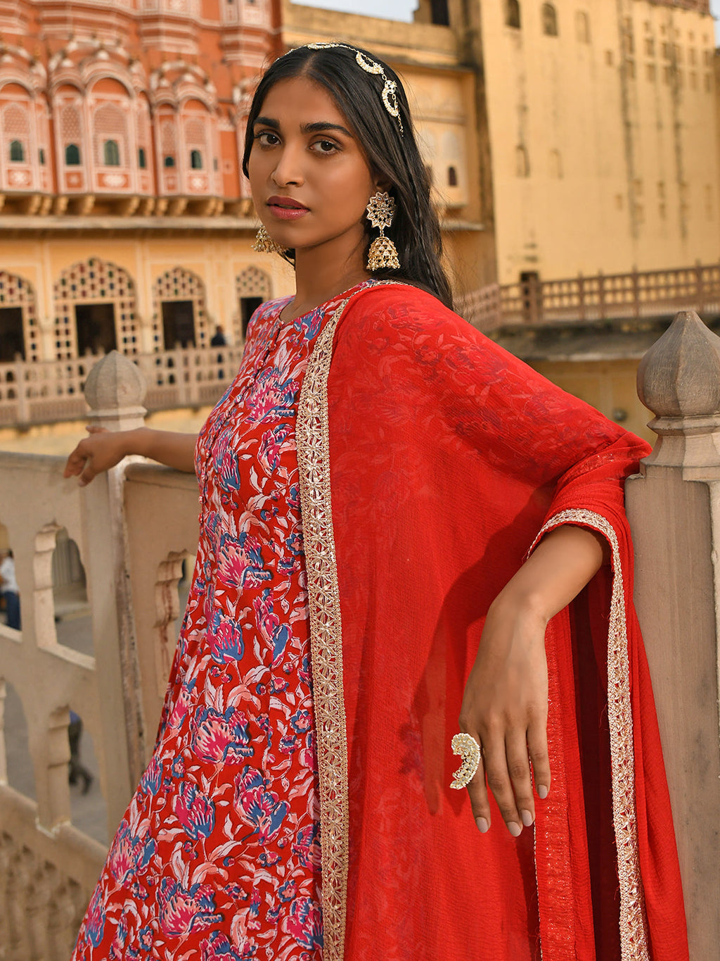 Janasya Women's Red Cotton Floral Block Print Kurta With Flared Palazzo And Dupatta