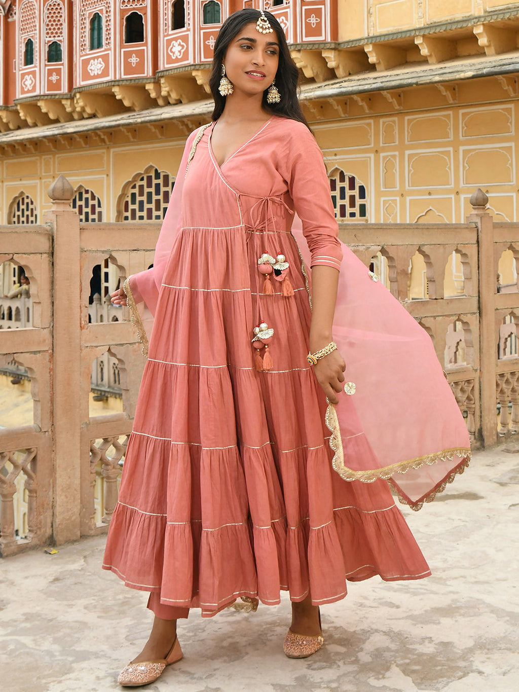 Janasya Women's Dusty Rose Cotton Embellished Kurta With Pant And Dupatta