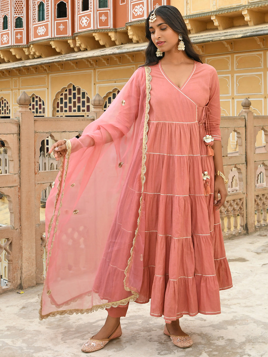 Janasya Women's Dusty Rose Cotton Embellished Kurta With Pant And Dupatta