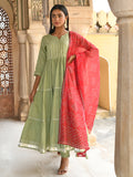Janasya Women's Pastel Green Cotton Solid Kurta With Pant And Dupatta