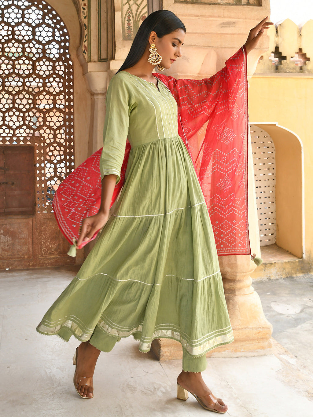 Janasya Women's Pastel Green Cotton Solid Kurta With Pant And Dupatta