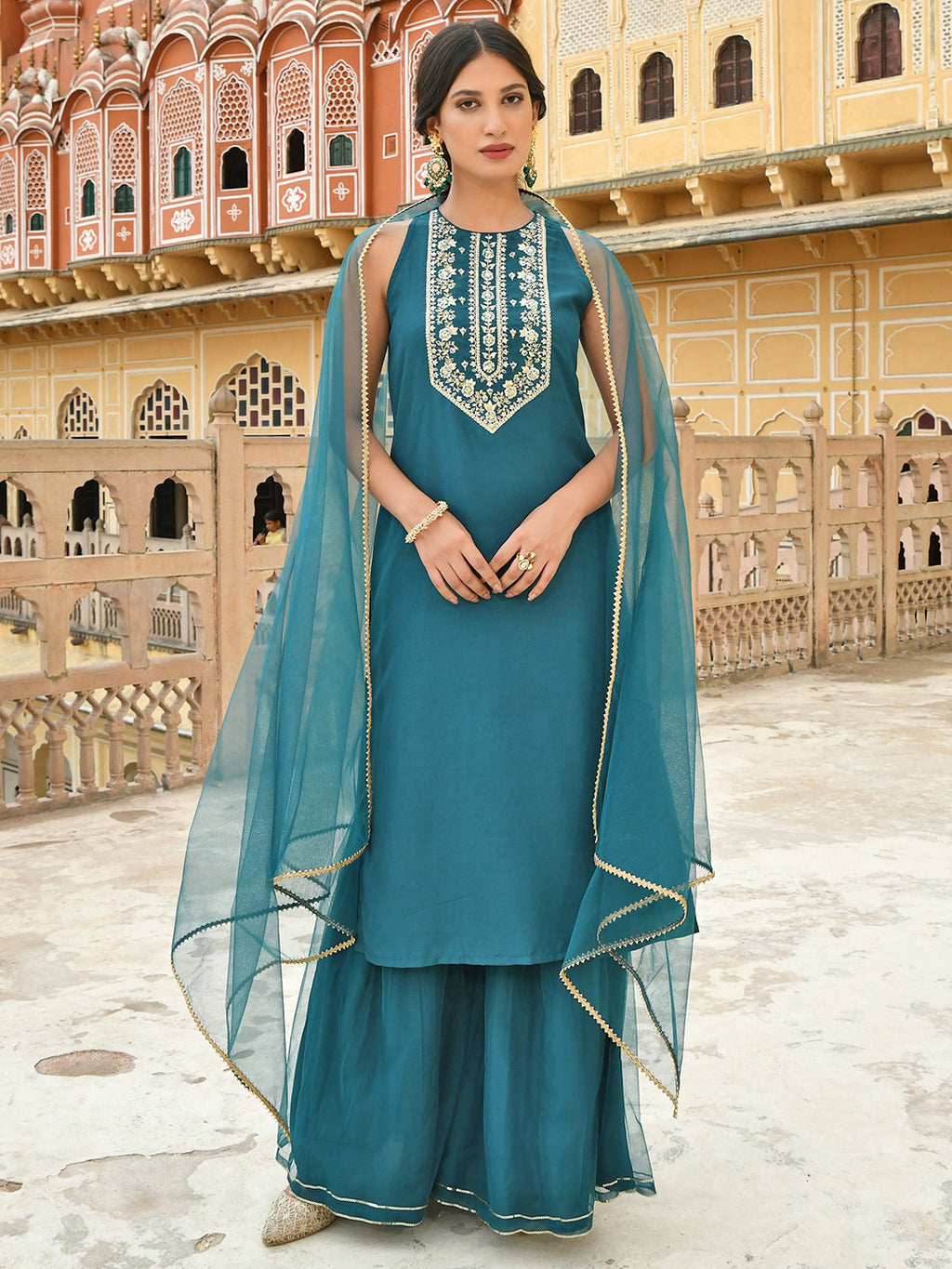 Janasya Women's Teal Green Poly Silk Embroidered Kurta With Sharara And Dupatta