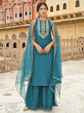 Janasya Women's Teal Green Poly Silk Embroidered Kurta With Sharara And Dupatta