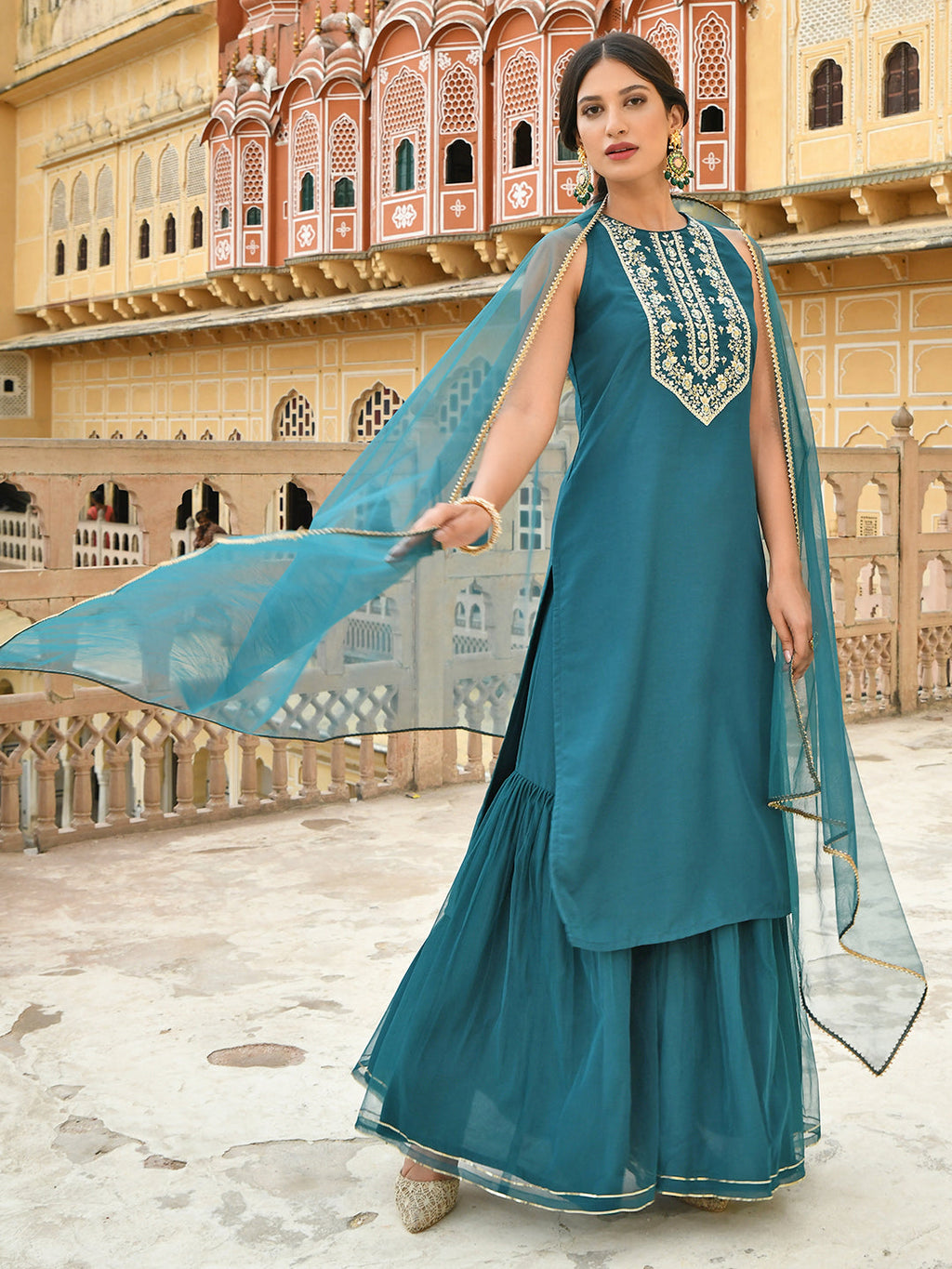 Janasya Women's Teal Green Poly Silk Embroidered Kurta With Sharara And Dupatta