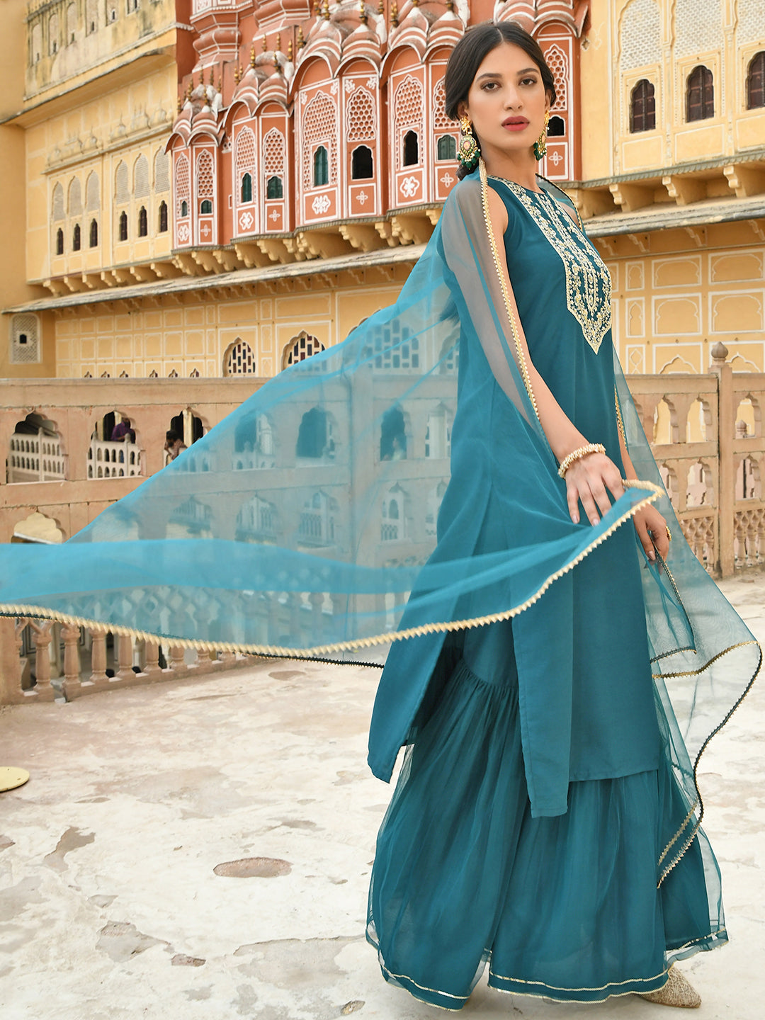 Janasya Women's Teal Green Poly Silk Embroidered Kurta With Sharara And Dupatta