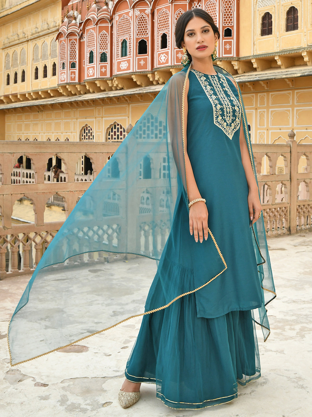 Janasya Women's Teal Green Poly Silk Embroidered Kurta With Sharara And Dupatta