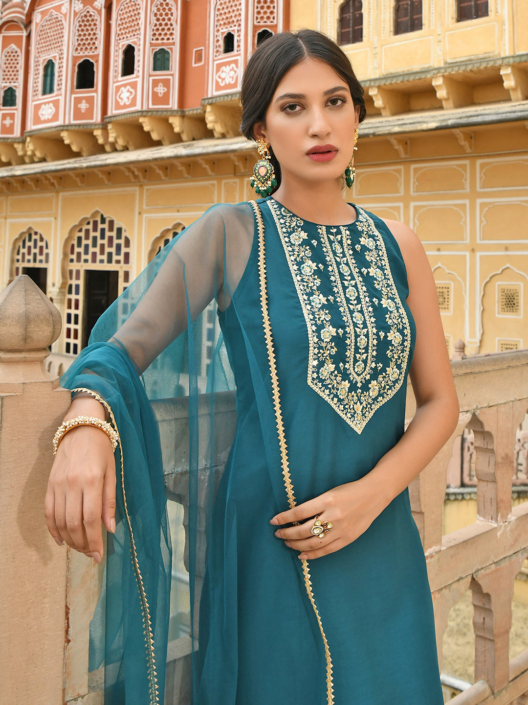 Janasya Women's Teal Green Poly Silk Embroidered Kurta With Sharara And Dupatta