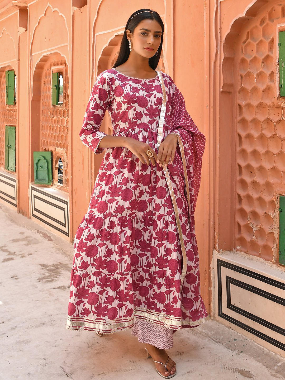 Janasya Women's White Cotton Floral Print Kurta With Palazzo And Dupatta