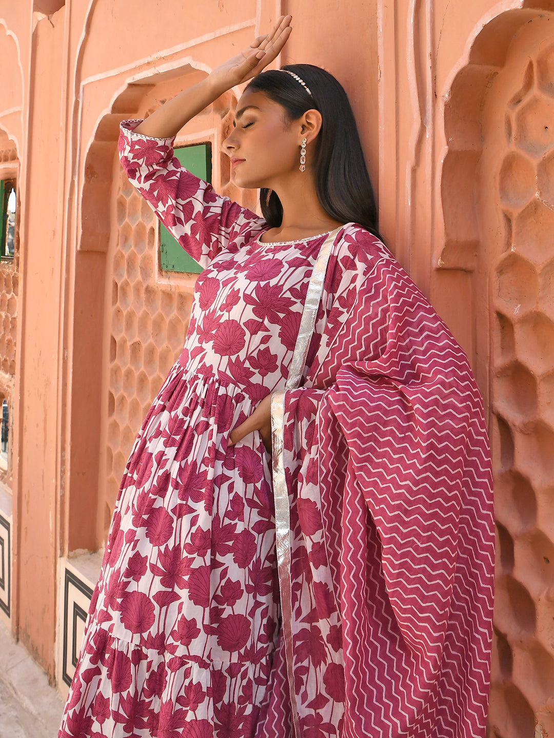 Janasya Women's White Cotton Floral Print Kurta With Palazzo And Dupatta